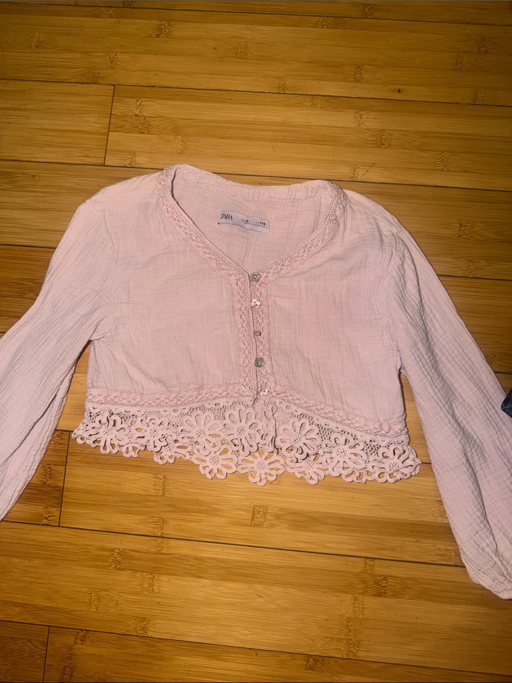 ZARA Pale Pink Crochet-Trim Cropped Button Cardigan